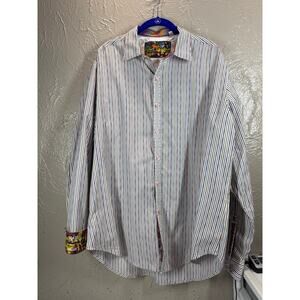Robert Graham Shirt Mens White Colorful Flip‎ Cuff Silk Blend Striped Size XL